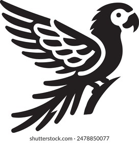 Set of silhouettes of Flying and sitting parrot in black in different poses isolated on a white background.