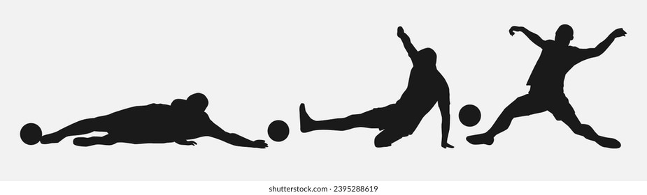 Set of silhouettes of football players, athletes doing sliding tackle, tackling. Isolated on white background. Vector illustration.