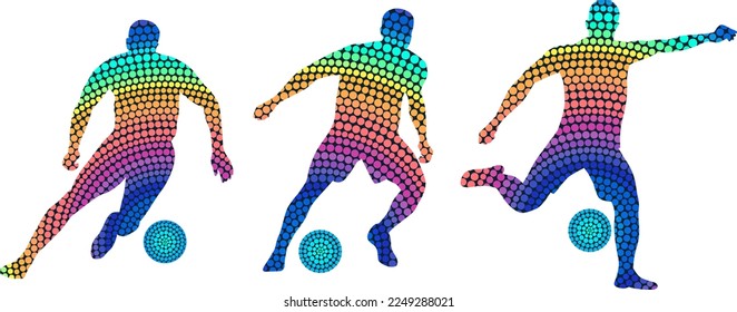 Set of silhouettes of football players from colored dots. Abstract isolated vector image of soccer players.