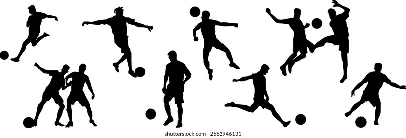 Set of silhouettes of football players. Men play ball. Black silhouettes of football players. Sports competitions