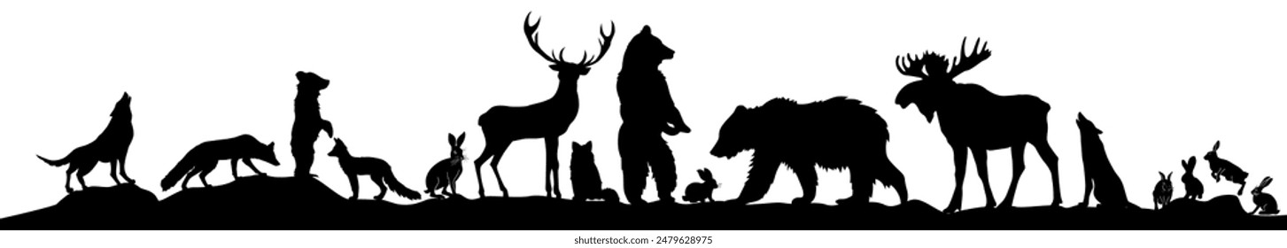 Set of silhouettes of forest animals. hand drawing. Not AI, Vector illustration.