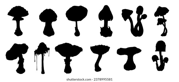 Set of silhouettes of forest mushrooms toadstools. Vector graphics.
