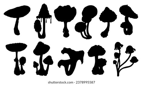 Set of silhouettes of forest mushrooms toadstools. Vector graphics.