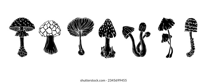 Set of silhouettes of forest mushrooms toadstools.Vector graphics.