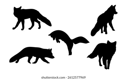 Set of silhouettes of a fox in different poses.