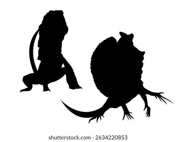 Set of silhouettes of Frilled Lizards Chlamydosaurus kingii or frill-necked lizard, frilled dragon or frilled agama. Wild reptiles of Australia and New Guinea. Realistic vector animal