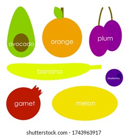 
Set of silhouettes of fruits with inscriptions. Isolated objects on a white background. Fruits and vegetables logo or element for design. Vector illustration.