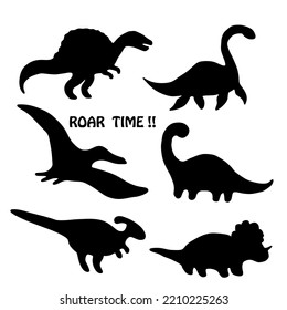 Set silhouettes of funny dinosaurs. Vector illustration group of black dinosaur silhouette icons isolated.