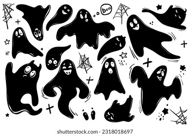 Set of silhouettes of funny ghost characters.Vector graphics.