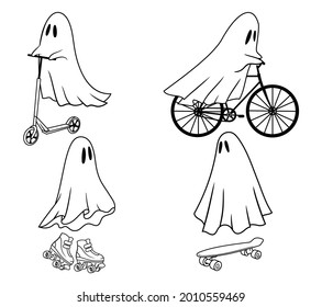 Set of silhouettes funny ghosts. Collection of mystical spirits with city transport bicycle,scooter, roller skate. Happy Halloween. Stylized souls. Vector illustration of magical creatures. 