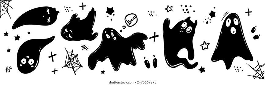 Set of silhouettes of funny ghosts. Halloween decor. Vector graphics.