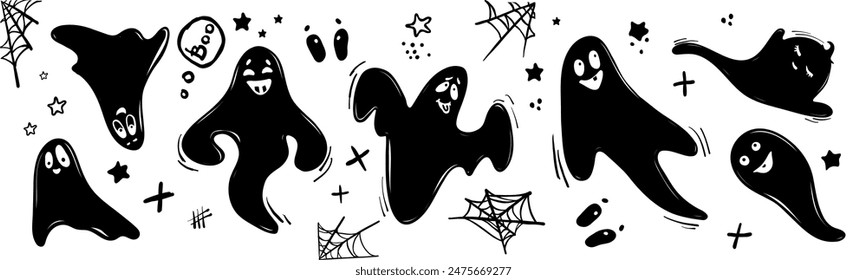 Set of silhouettes of funny ghosts. Halloween decor. Vector graphics.