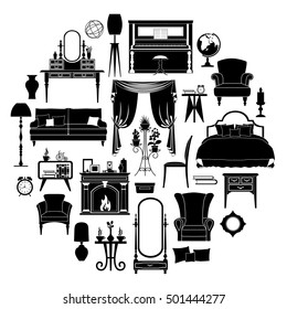 Set of silhouettes of furniture. Templates and stencils for your design. Different vector furniture and home decoration isolated on white background.