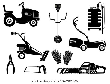 Set of silhouettes of garden equipment for grass mowing. Black and white vector icons illustration. Lawn mower and other agricultural and farm machinery