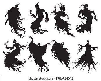 Set of silhouettes ghosts. Collection of mystical evil Halloween spirits. Stylized souls. Vector illustration of magical creatures.