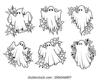 Set of silhouettes ghosts. Collection of mystical spirits with flower. Happy Halloween. Floral stylized souls. Vector illustration of magical creatures.