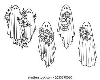 Set of silhouettes ghosts. Collection of mystical evil Halloween spirits. Stylized souls. Vector illustration of magical creatures.