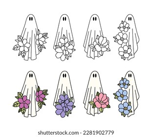 Set of silhouettes ghosts with flowers. Collection of mystical evil Halloween spirits. Stylized souls. Vector illustration of magical creatures.
