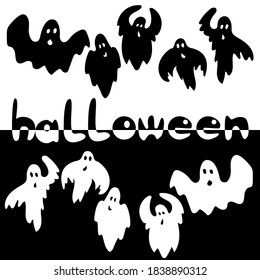 Set of silhouettes of ghosts for halloween in dark and light, themed black and white lettering for design and creativity