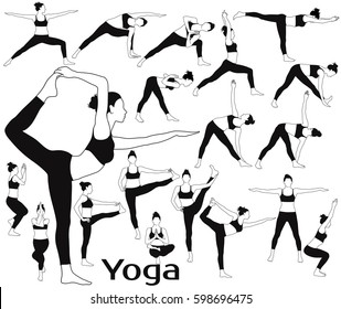 Set of silhouettes of girl in costume doing yoga exercises in different poses. Icons of woman practicing yoga.