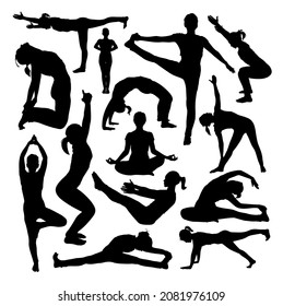 a set of silhouettes of a girl in different yoga asanas vector illustration