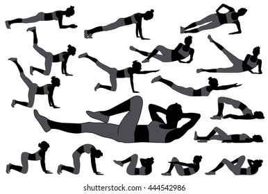 Set of silhouettes of girl doing different fitness exercises down on the floor. Icons of slim sportive woman in T-shirt and pants. Vector illustration.