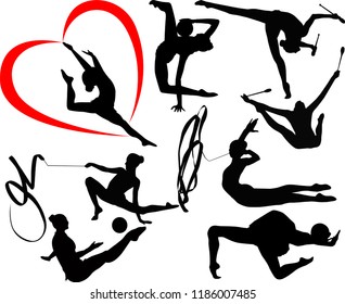 set of silhouettes girl gymnast athlete isolated on white background