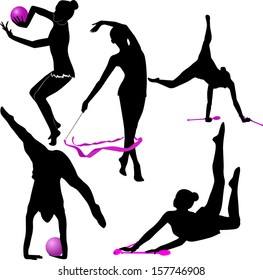 set of silhouettes girl gymnast athlete isolated on white background