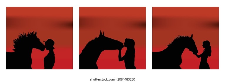 Set Silhouettes of a girl kissing a horse in the nose against a sunset background, isolated vector illustration.