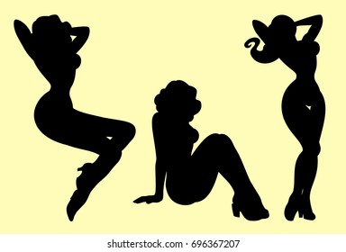 A set of silhouettes of girls with a beautiful figure.Pin Up Style