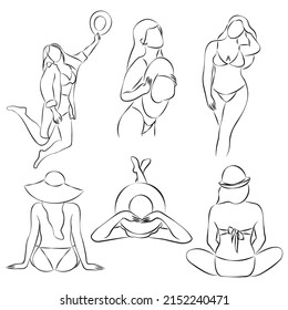 Conjunto de siluetas de niñas en bikinis. Ilustración vectorial aislada en fondo blanco.