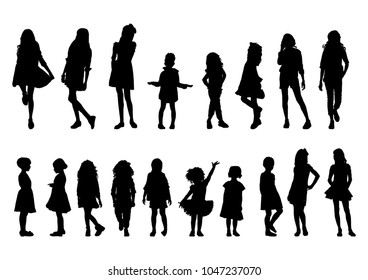 set of silhouettes of girls in different movements