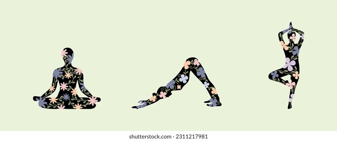 A set of silhouettes of girls in different yoga poses, with flowers inside meaning the harmony of soul and body. Vector illustration