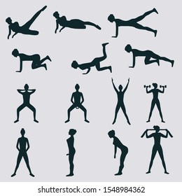 Set of silhouettes of girls doing exercises for body muscles - vector. Fitness. Sport Club.