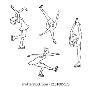Set of silhouettes of girls engaged in figure skating on ice. Vector illustration in the style of doodles.