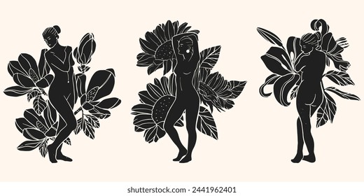 Set of silhouettes of girls with flowers in linocut style. Hand drawn illustration.