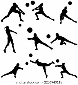 set of silhouettes of girls playing volleyball. Isolated sport woman.