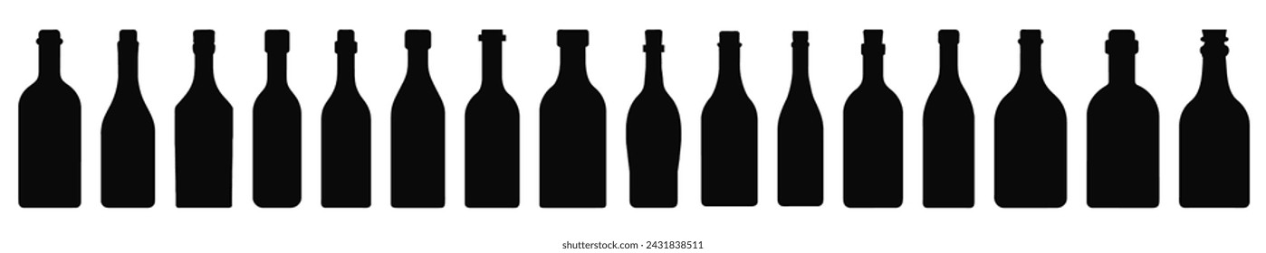 The set of silhouettes of glass bottles. Black silhouette of a vessel for various types of drinks.	
