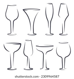 Conjunto de siluetas de vidrio vacío aislado. Vidrio de diferentes formas para bebidas alcohólicas y cócteles. Utensilios para champán, vino, Brandy, Whiskey, Cognac, Gin. Ilustración plana del vector 