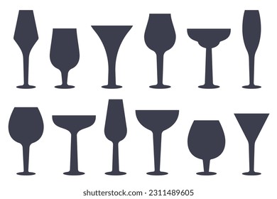 Conjunto de siluetas de vidrio vacío aislado. Vidrio de diferentes formas para bebidas alcohólicas y cócteles. Utensilios para champán, vino, Brandy, Whiskey, Cognac, Gin. Ilustración plana del vector 