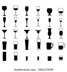 Un conjunto de siluetas de gafas, bebidas alcohólicas en gafas de diferentes tamaños y formas, dos tipos de iconos ilustración vectorial