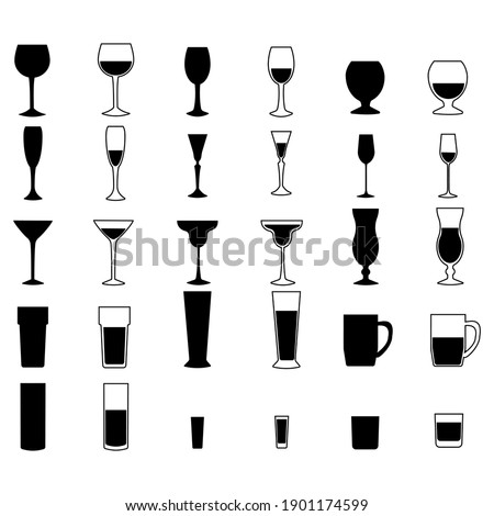 A set of silhouettes of glasses, alcoholic drinks in glasses of various sizes and shapes, two types of icons vector illustration