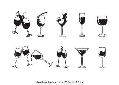 Set of silhouettes of glasses filled with alcohol water