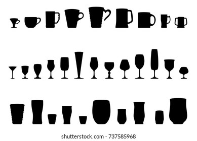 Set of silhouettes of glasses water, vector illustration