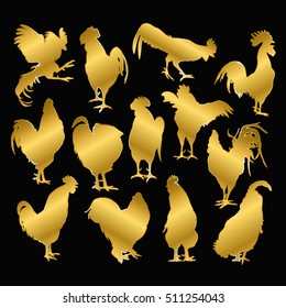 Set of silhouettes of gold rooster on a black background. Cock symbol of the new year on the Chinese calendar