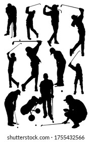 conjunto de siluetas de atletas golfistas ilustración vectorial