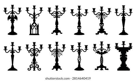 Set of silhouettes of gothic candelabras, vintage candle holders for halloween decor, black vector icons