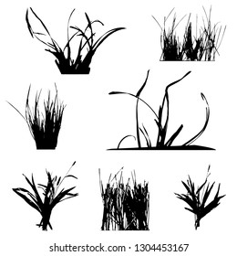 Set with silhouettes of grass, black and white vector illustration