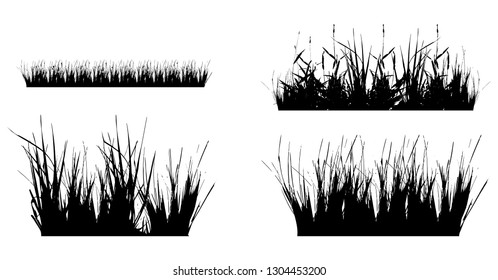 Set with silhouettes of grass, black and white vector illustration