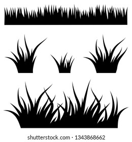 Set with silhouettes of grass, black and white vector illustration
